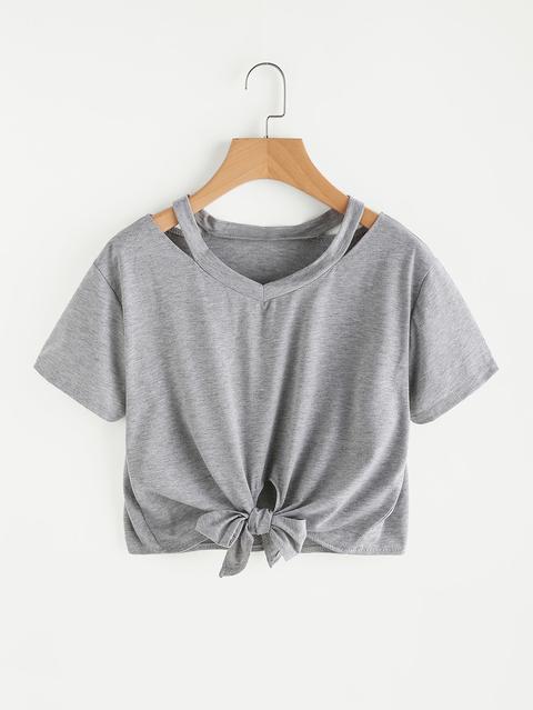 Cut Out Neck Knot Front Tee