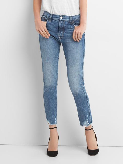 High Rise Slim Straight Jeans With Distressed Detail