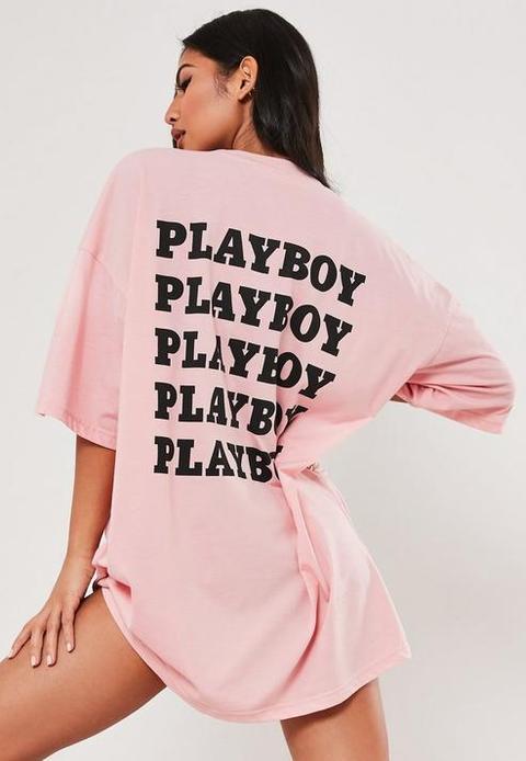 Playboy X Missguided Pink Repeat Slogan T Shirt Dress, Pink