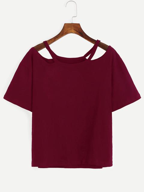 Burgundy Cutout Neck T-shirt