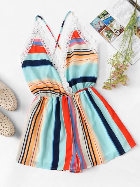 Lace Panel Open Back Striped Cami Romper