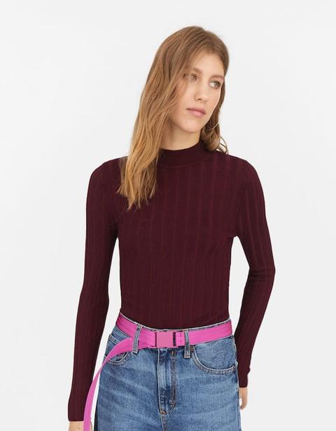 Pullover A Costine Con Collo Semi Alto E Maniche Lunghe Granata