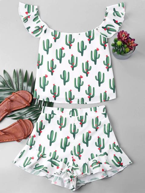 Set Pantaloncini Stampati Di Cactus Con Volant White