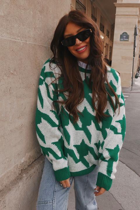 Green Jumpers - Lorna Luxe Green 'bon Bon' Houndstooth Knitted Jumper