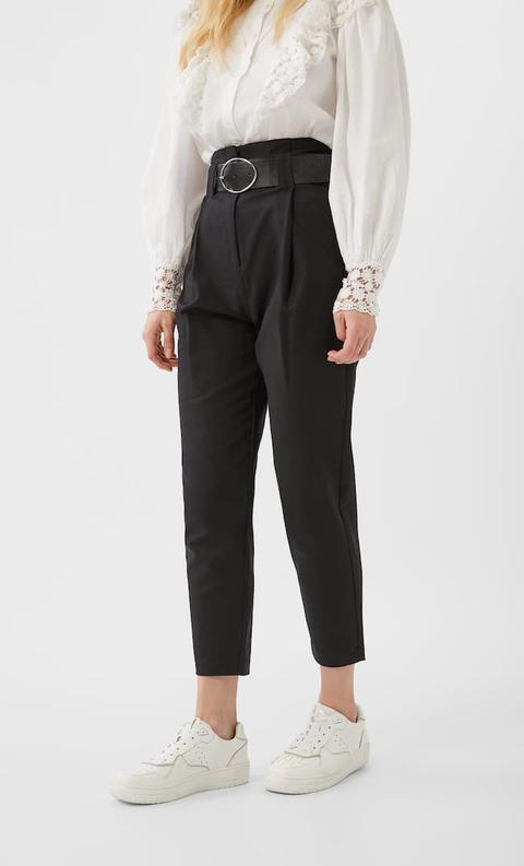 Stradivarius Pantalon Décontracté Avec Ceinture Femme Noir 38