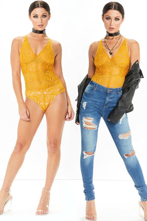 Daria Mustard Lace Cross Back Bodysuit