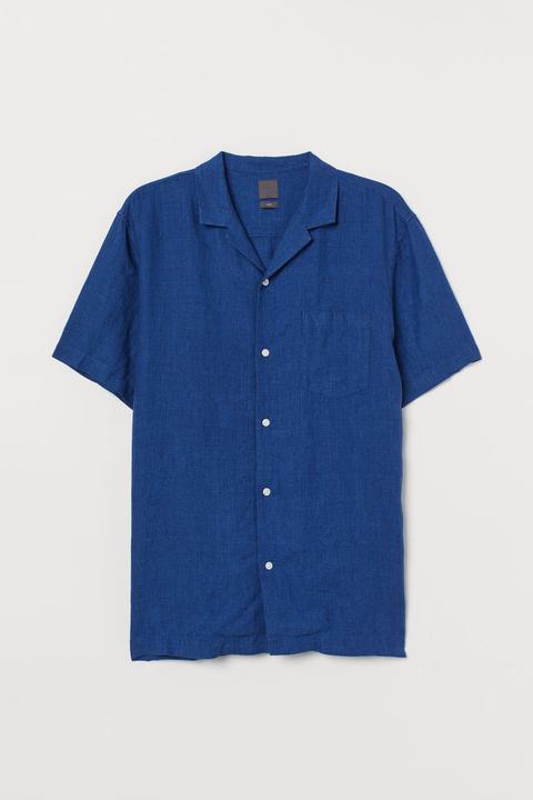 H & M - Camicia Bowling In Lino - Blu