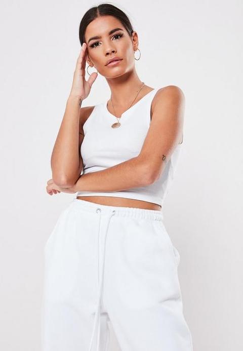 White Ribbed Sleeveless Crop Top, White