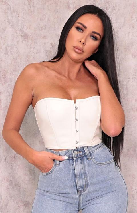 Cream Faux Leather Hook Eye Corset Top - Freya