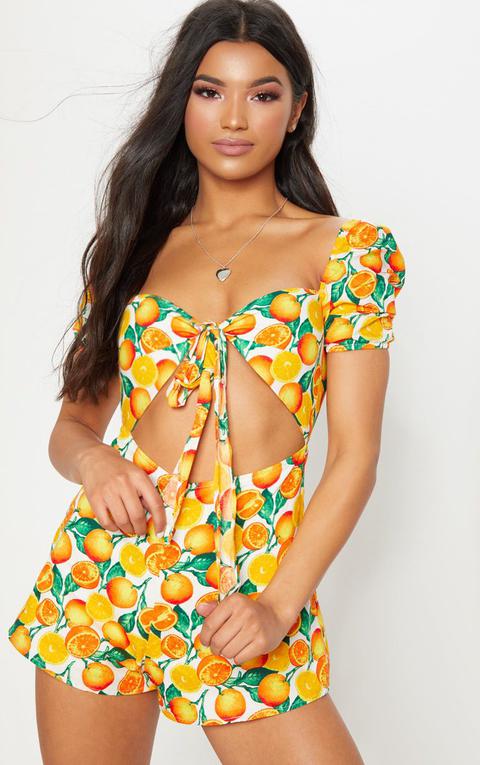 Orange Print Tie Front Playsuit