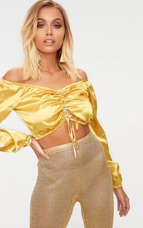 Mustard Satin Ruched Front Crop Top, Yellow