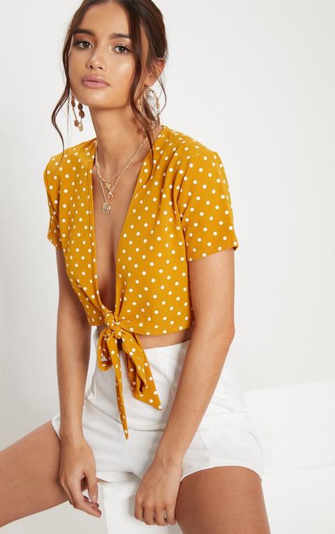 Mustard Polka Dot Chiffon Tie Front Front Blouse