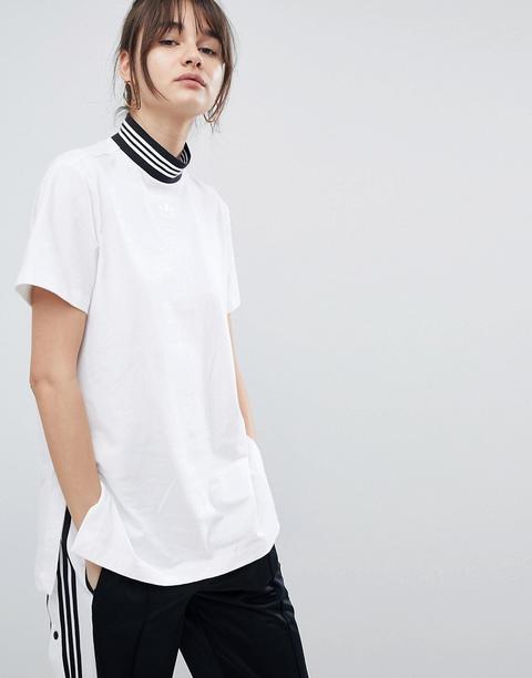 Adidas Originals - T-shirt Lunga Con Collo Alto Con Tre Strisce - Nero