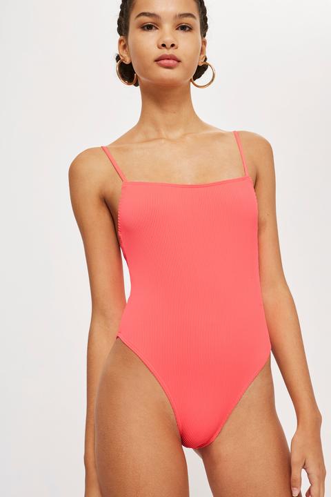 Womens Square Neck Ribbed Swimsuit - Coral, Coral