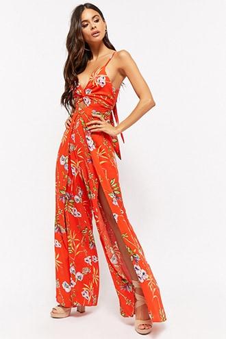 Forever 21 Crinkled Floral Twist-front Cutout Overlay Jumpsuit Red/multi
