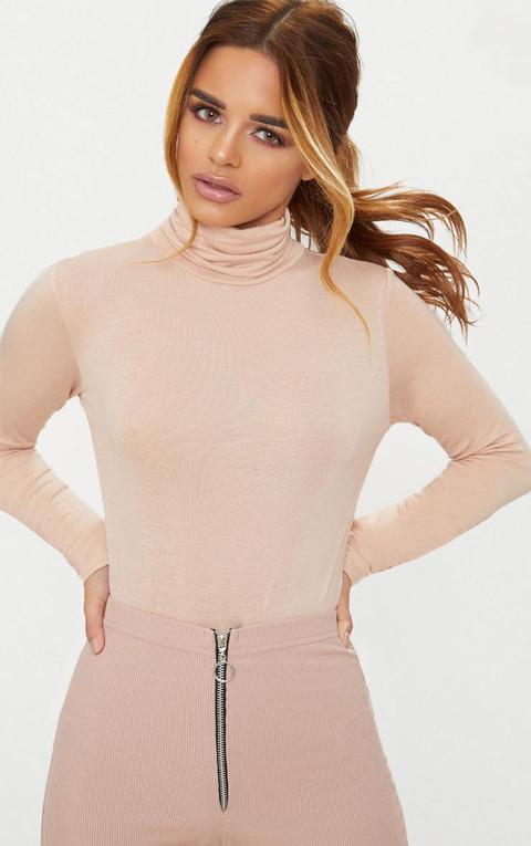 Petite Nude Basic Roll Neck Long Sleeve Bodysuit, Pink