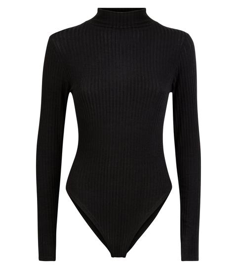 Black Ribbed Funnel Neck Bodysuit New Look