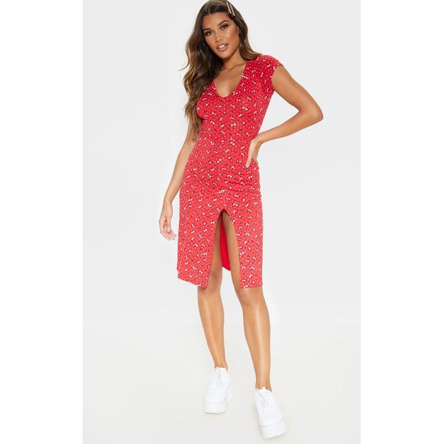 red ditsy floral split midi dress