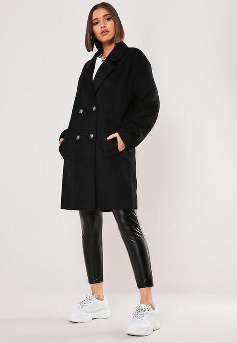 Black Contrast Horn Button Oversized Coat, Black