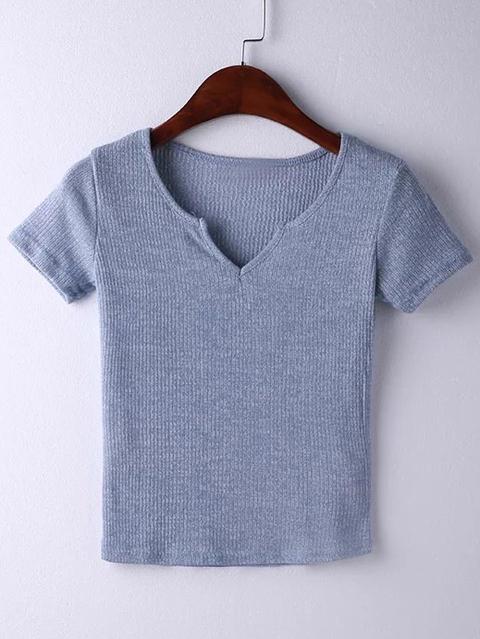 T-shirt A Costine Scollo V Maniche Corte - Blu