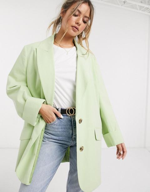 Asos Design - Veste Oversize Imitation Lin À Surpiqûres Contrastantes - Citron Vert