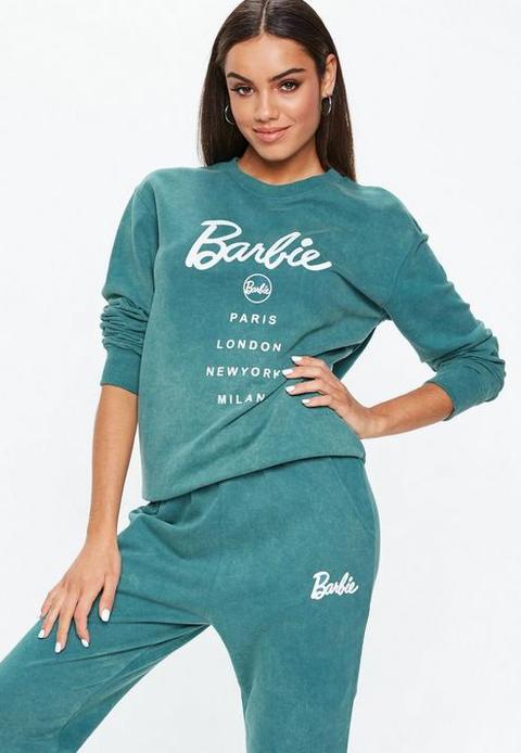 Barbie X Missguided Teal Co Ord Acid Wash Barbie Sweatshirt, Teal