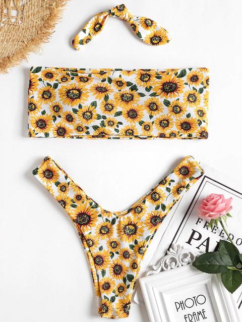 Bikini A Gamba Alta Con Stampa Di Girasole Multi