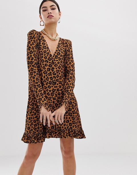 Asos Design - Robe Courte Boutonnée À Imprimé Léopard