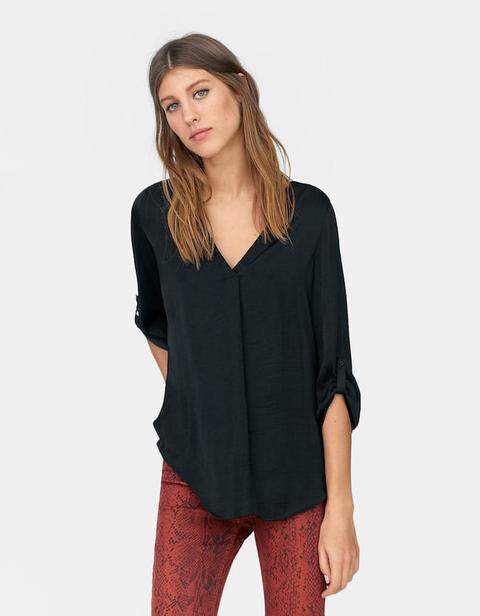 Camicia Maniche A 3/4 Scollo A V Nero