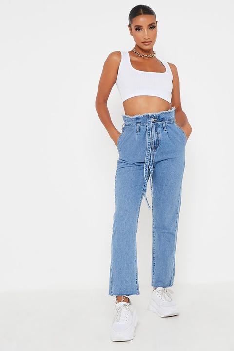 Mid Wash High Waist Paper Bag Boyfriend Jeans