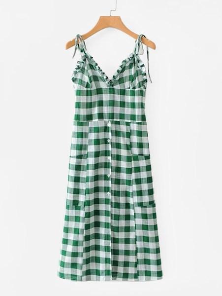 Vestido De Tirante De Cuadros Ribete Fruncido