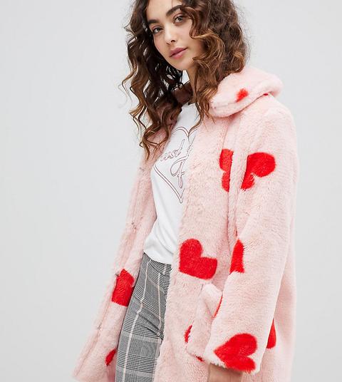 Daisy Street Coat With All Over Hearts In Faux Fur - Red Hearts