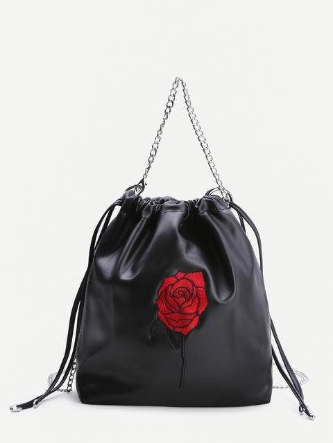 Black Rose Embroidery Drawstring Bucket Bag