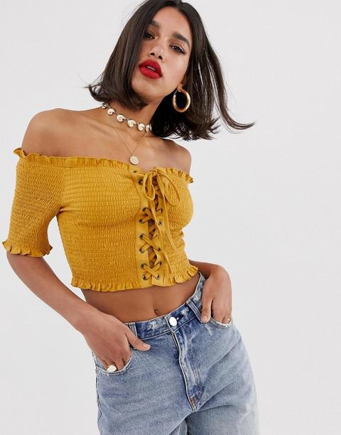 Top Bardot Fruncido Con Detalle De Cordones Y Ojales De Asos Design-amarillo