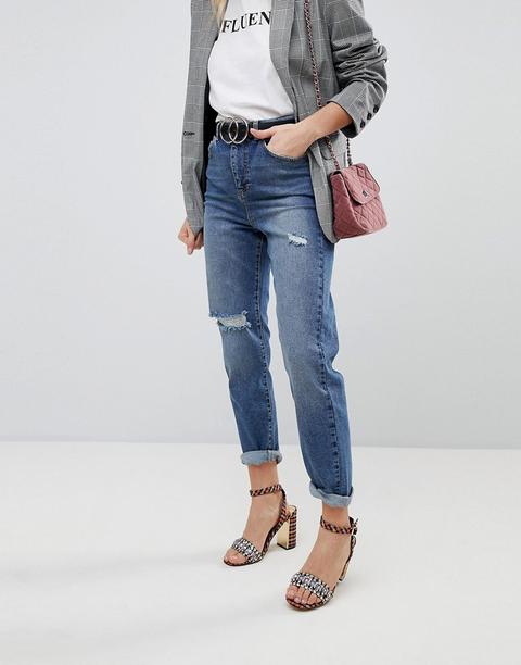 Miss Selfridge - Mom Jeans Con Strappi Alle Ginocchia - Blu