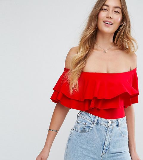 New Look Tall - Body Con Scollo Alla Bardot E Volant - Rosso