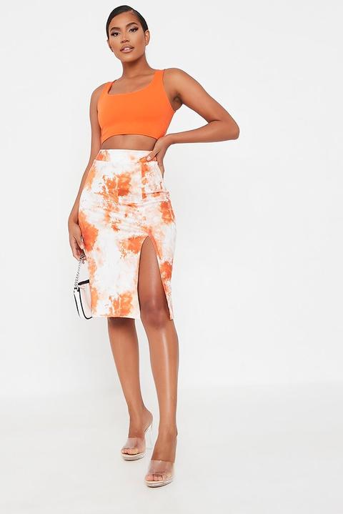 Orange Tie Dye Midi Skirt With Split , Orange