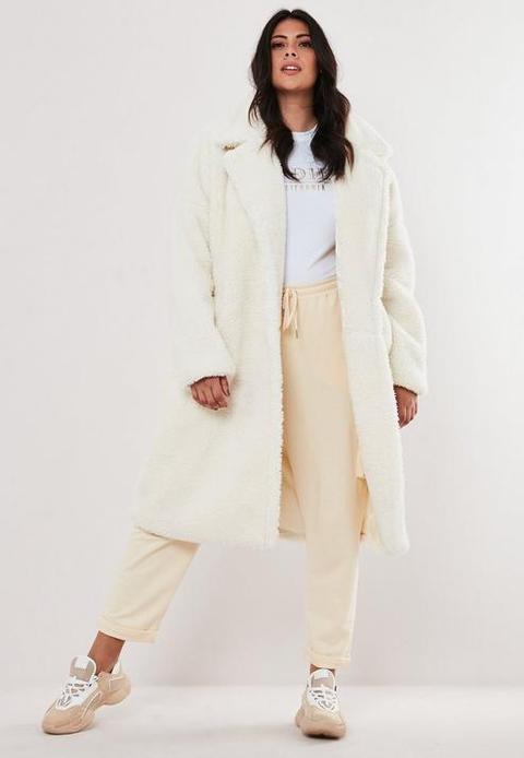 Plus Size White Borg Long Coat, White