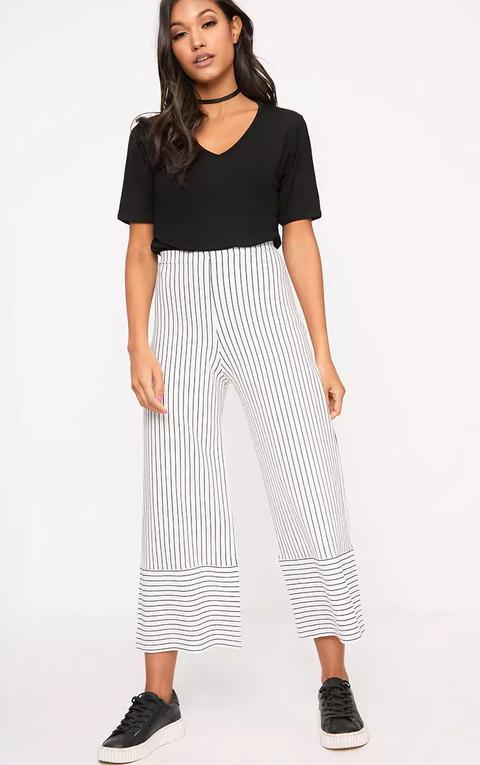 White Contrast Hem Pinstripe Culottes, White