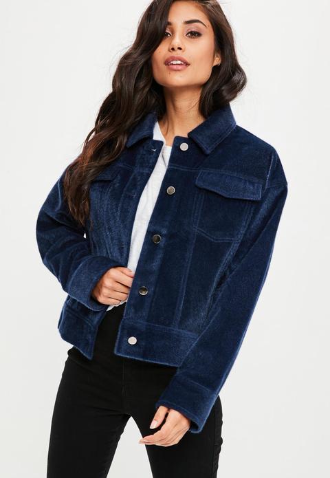 Blue Faux Pony Hair Trucker Jacket, Blue