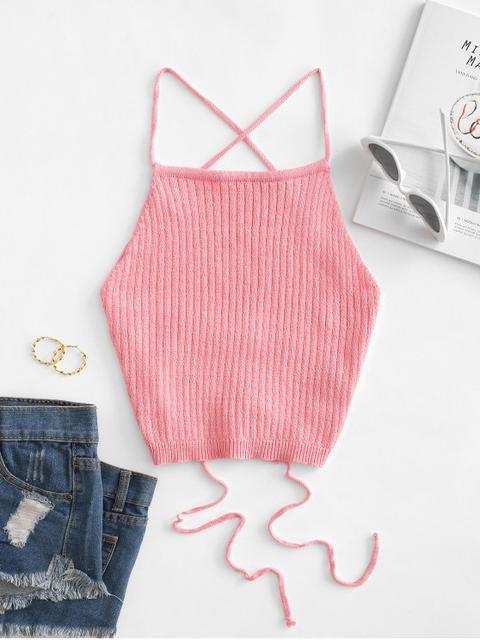 Lace Up Knitted Crop Cami Top Flamingo Pink