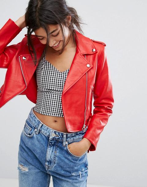 Bershka - Giacca Stile Motociclista Di Pelle Sintetica - Rosso