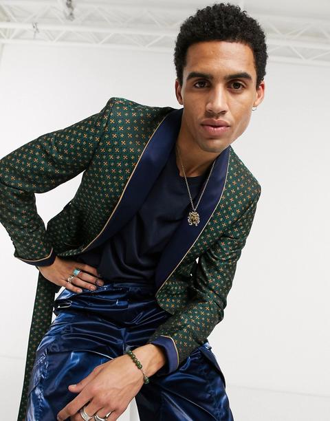 Asos Design Slim Smoking Jacket In Green Jacquard With Belt