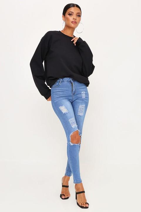 Mid Wash High Waist Stretch Distressed Skinny Jeans