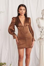 Satin Balloon Sleeve Corset Mini Dress In Chocolate Brown