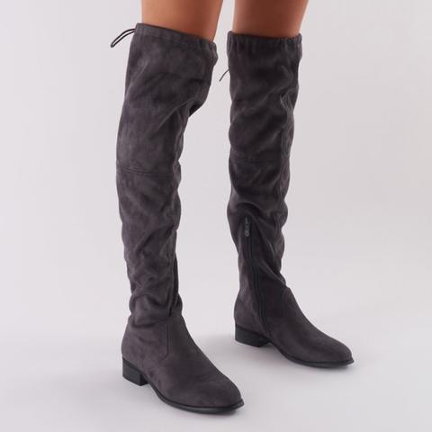 Joy Over The Knee Boots In Dark Grey Faux Suede