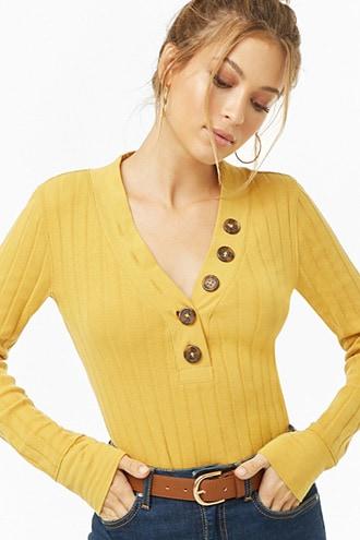 Forever 21 Button Front Long Sleeve Top Yellow