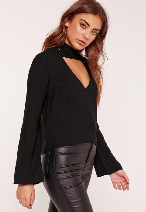 Flared Sleeve V Neck Cross Choker Neck Blouse Black