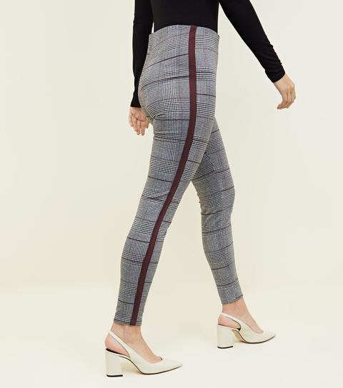 Grey And Burgundy Check Side Stripe Leggings New Look