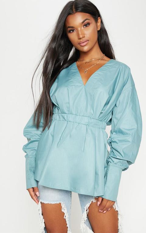 Sage Ruched Sleeve Gathered Waist Shirt